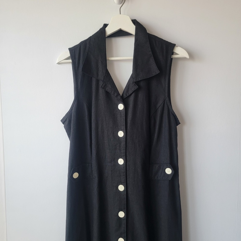 Erika womens Linen Blend Black Mother Of Pearl Midi Dress Size M sleeveless - Picture 3 of 7